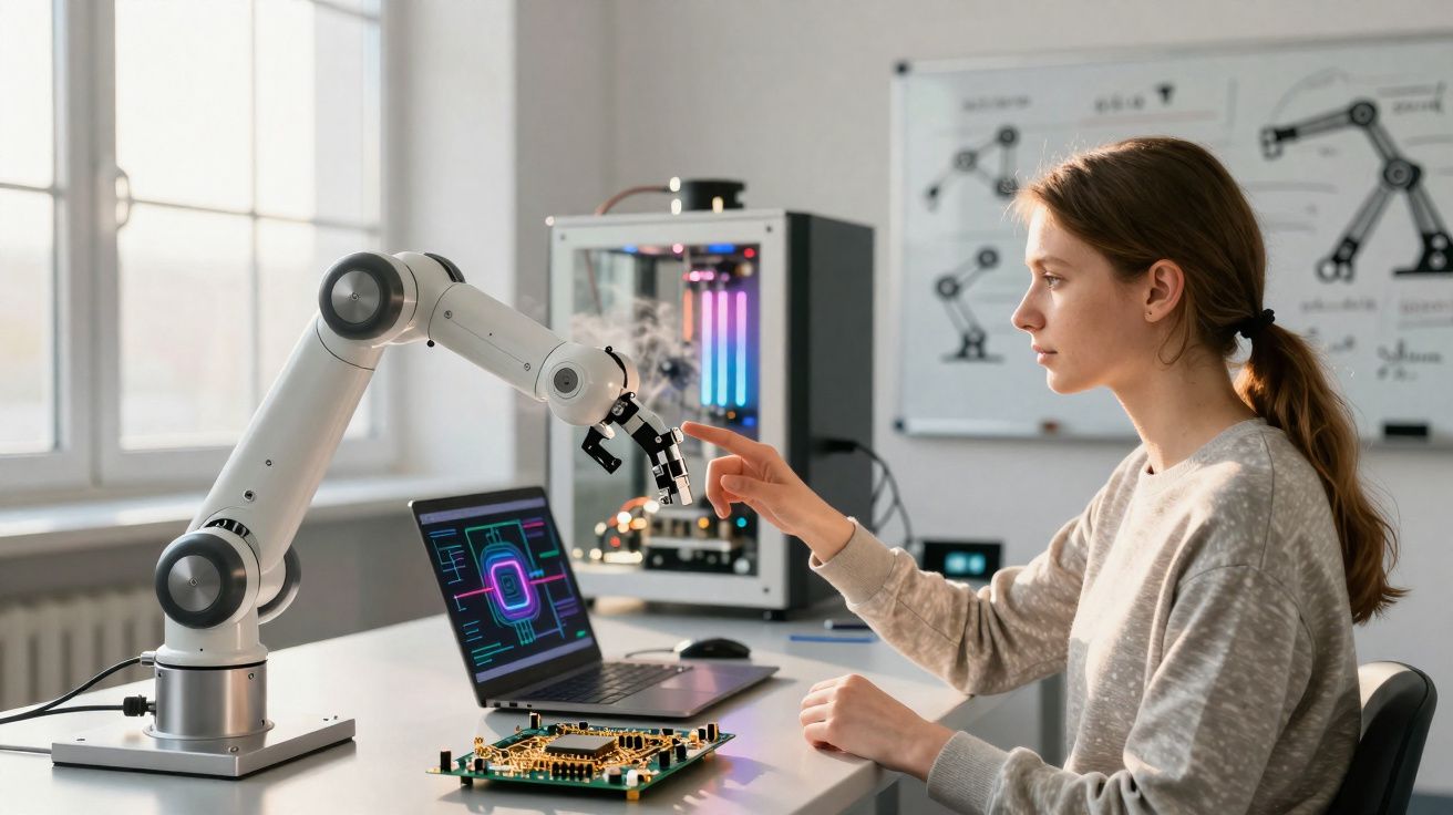 Jovem a trabalhar com braço robótico e laptop num laboratório de tecnologia.