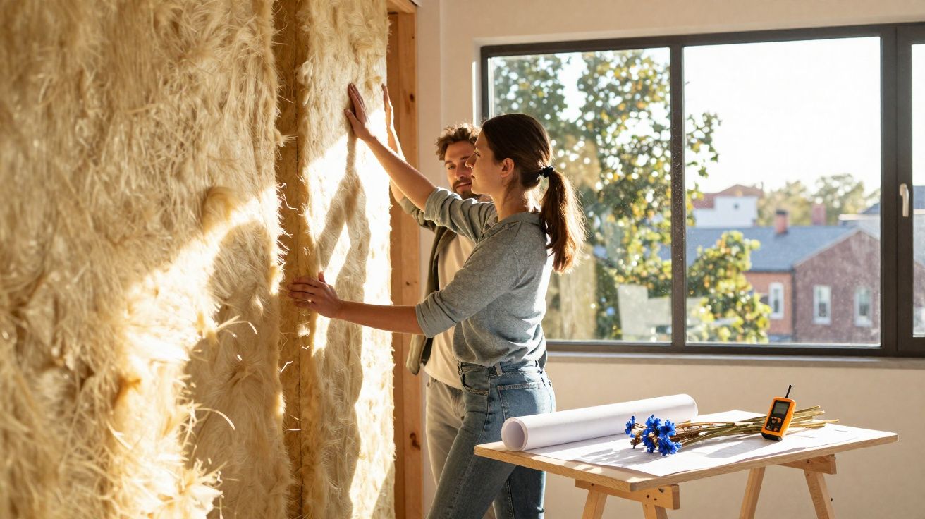 Casal a instalar isolamento natural num interior com janela e mesa com plantas e plantas secas.