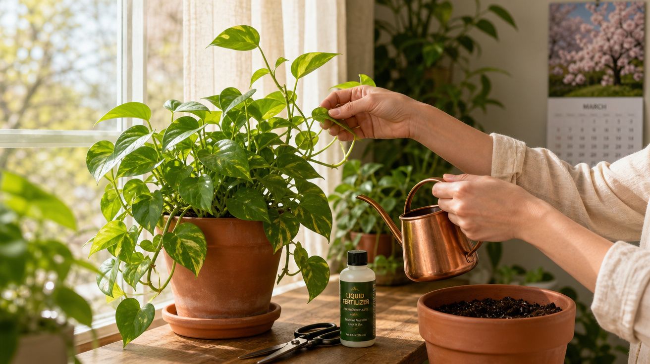 Mãos a cuidar de planta em vaso junto a regador, fertilizante e terra numa mesa perto da janela iluminada.