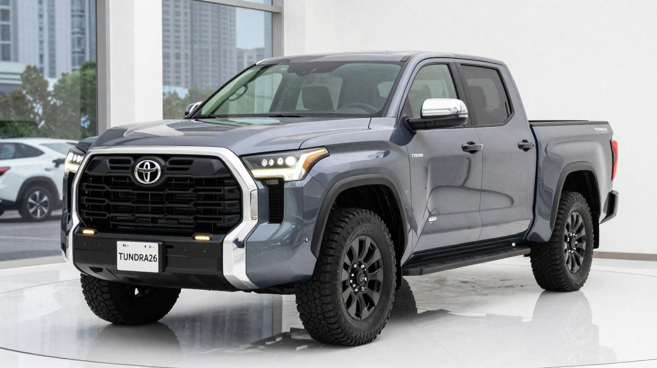 Picape Toyota Tundra cinzenta mostrada numa exposição moderna, com rodas robustas e faróis LED inovadores.