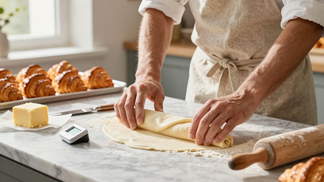 Pessoa a enrolar massa folhada numa bancada de cozinha com croissants e manteiga ao lado.