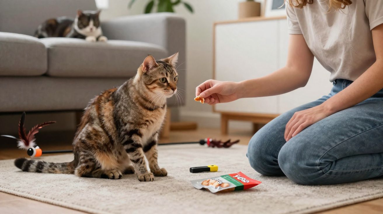 Pessoa sentada no chão a dar um petisco a um gato sentado numa sala com tapete e sofá ao fundo.