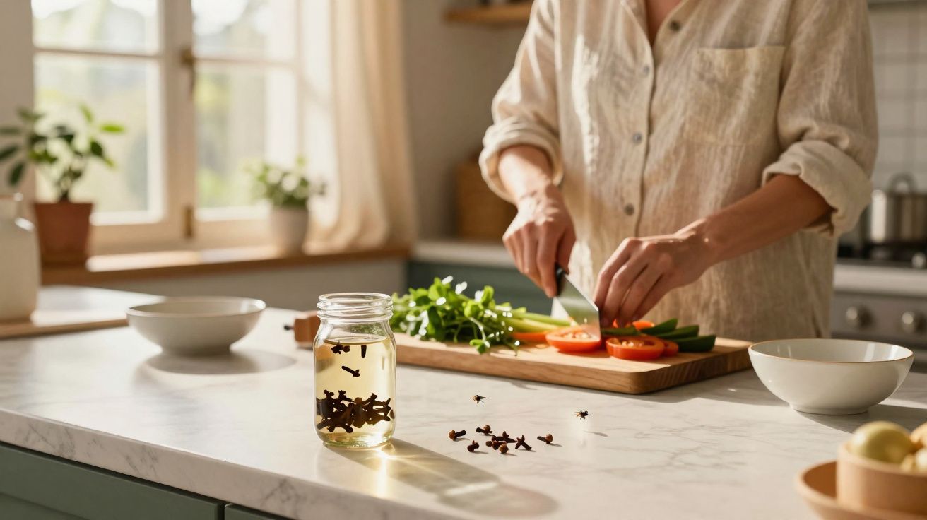 Pessoa a cortar legumes numa tábua de madeira numa cozinha iluminada, com recipiente e especiarias na bancada.