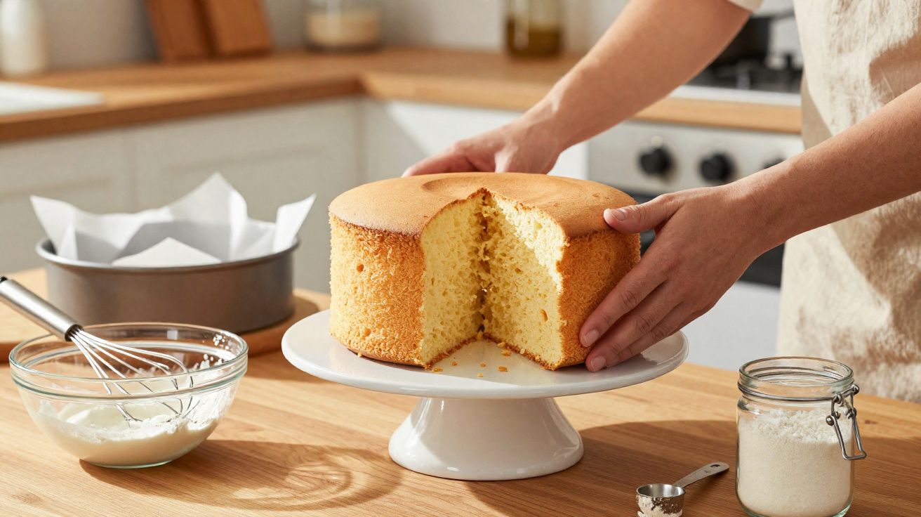 Bolacha caseira cortada em prato para bolos numa cozinha, com ingredientes e utensílios de pastelaria à volta.