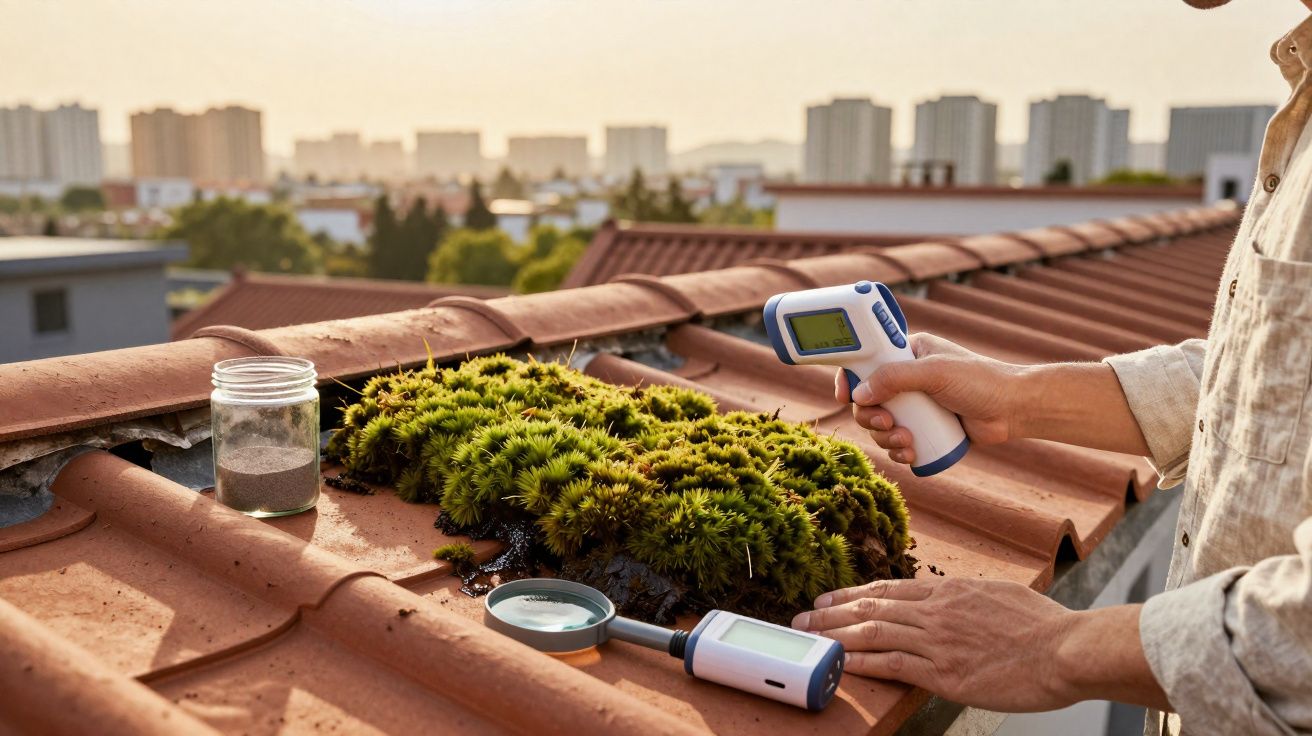 Pessoa a medir temperatura de musgo num telhado de telhas vermelhas ao pôr do sol, com solo e urbanização ao fundo.