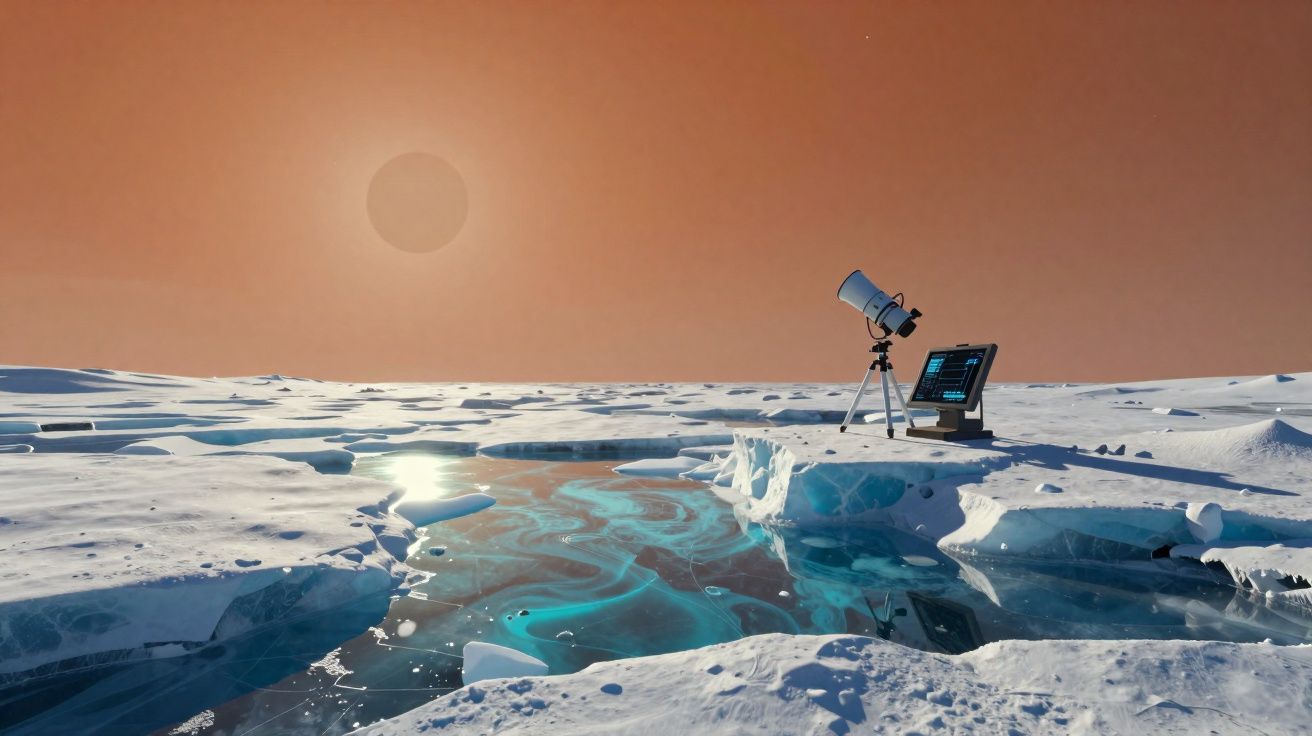Paisagem gelada com lago azul, telescópio e monitor sob luz solar enevoada.