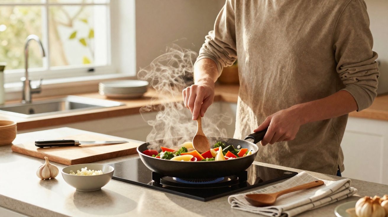 Pessoa a cozinhar legumes frescos numa frigideira elétrica numa cozinha moderna e bem iluminada.