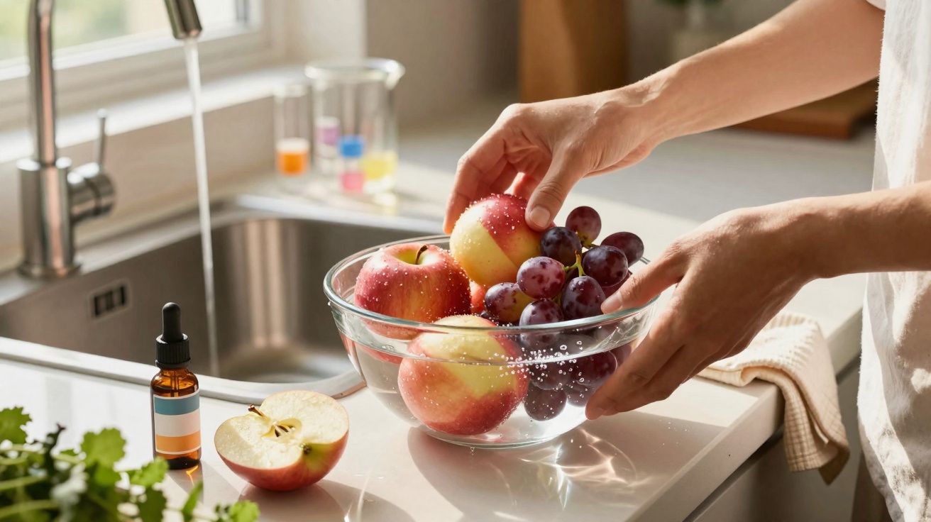 Mãos a lavar maçãs e uvas num recipiente de vidro junto à pia da cozinha iluminada pela luz natural.