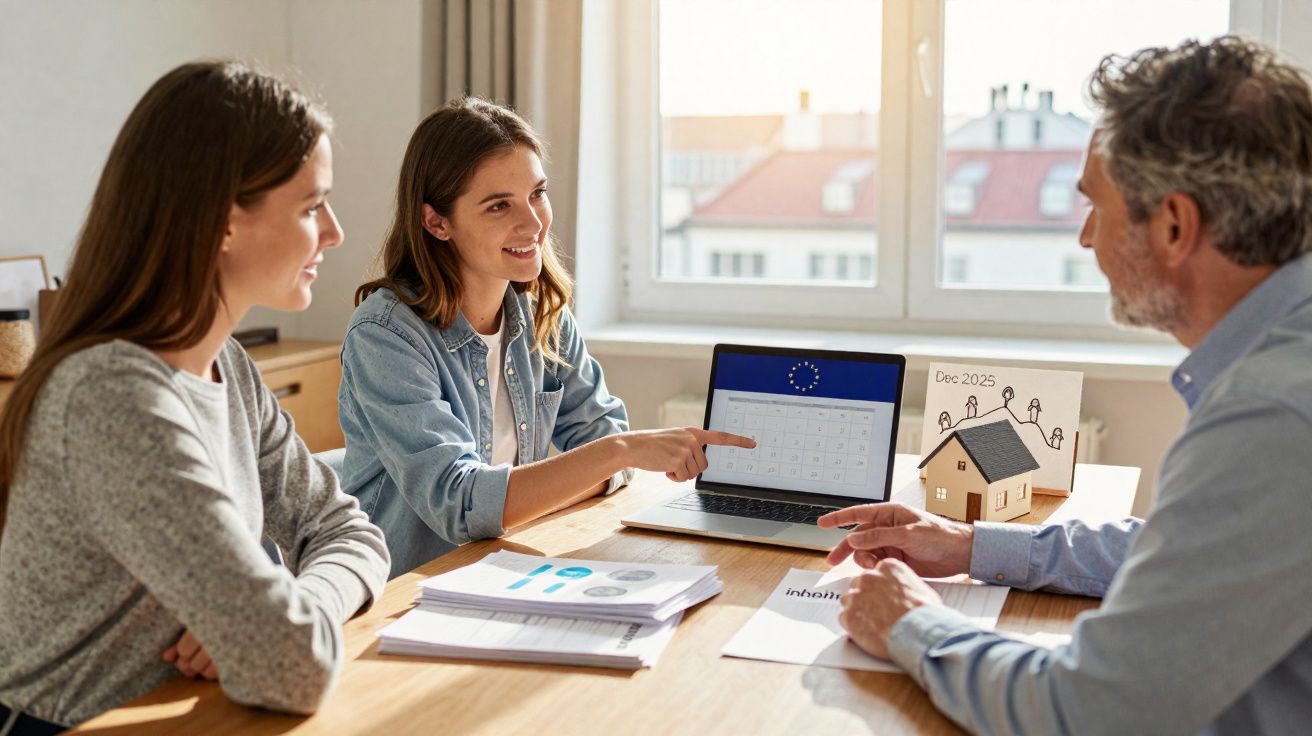Três pessoas discutem planos financeiros para habitação, com calendário e documentos numa mesa ensolarada.