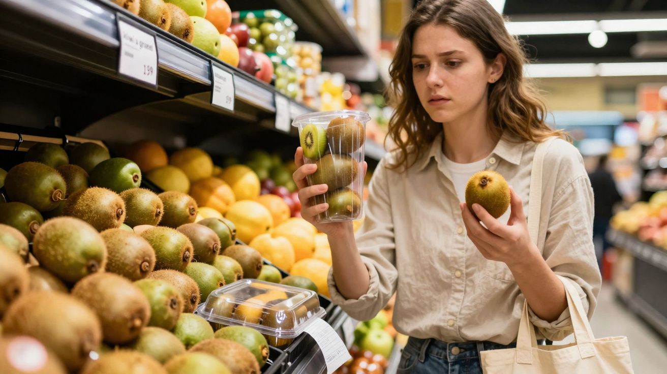 Mulher com camisa bege segura kiwi e pacote de kiwis numa secção de frutas de supermercado.