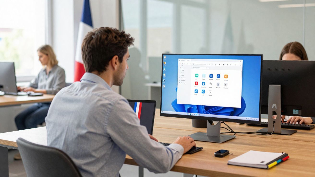 Homem a trabalhar num escritório com dois computadores e duas pessoas ao fundo, ambiente moderno e luminoso.