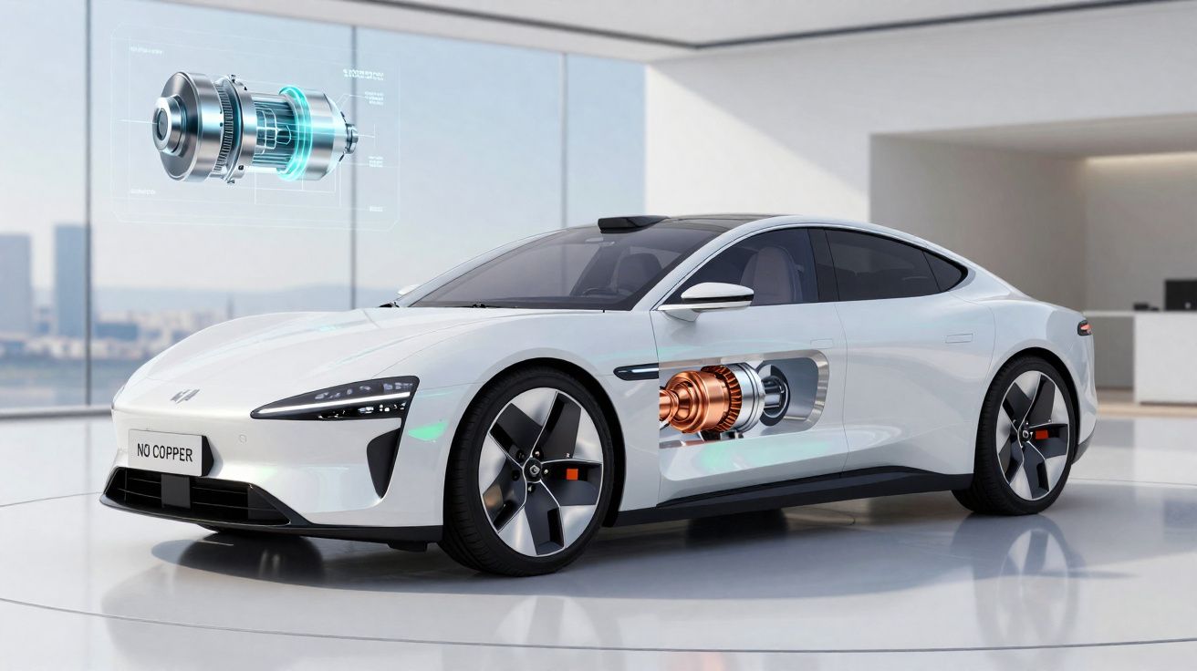Carro elétrico branco num espaço moderno com ilustração de motor e sistema interno visível.