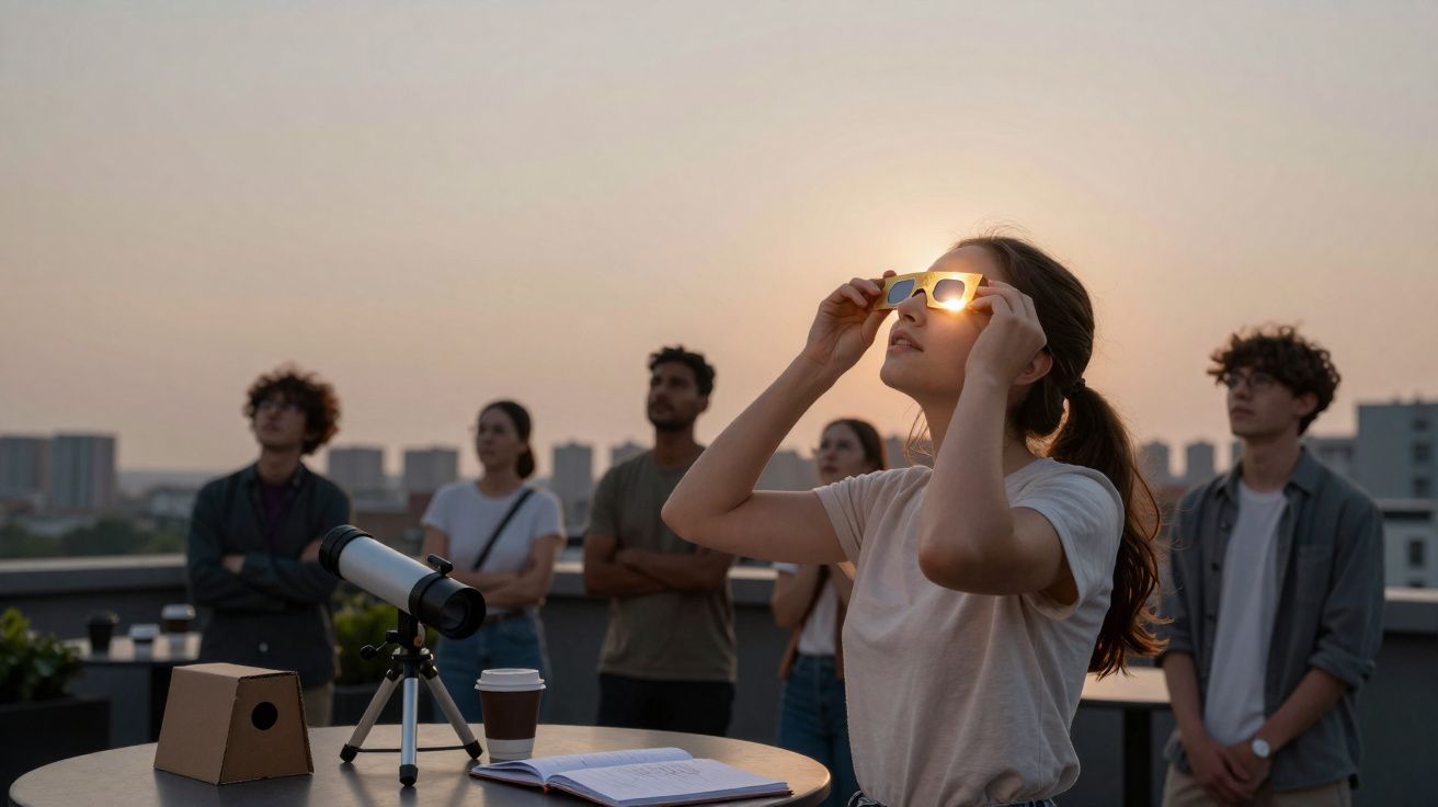 Grupo de jovens observa eclipse solar com óculos especiais numa varanda ao entardecer.