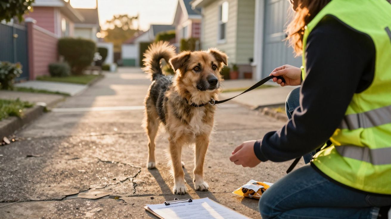 Cão castanho e preto em coleira com pessoa de colete refletor numa rua residencial ao entardecer.