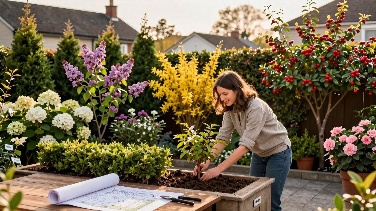 Mulher a plantar uma muda numa horta urbana com várias flores e plantas ao redor ao pôr do sol.