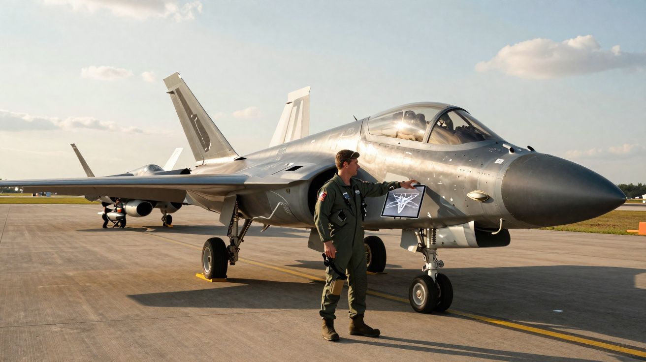 Piloto militar com fato de voo verde junto a cauda de caça estacionado numa pista de aeroporto.