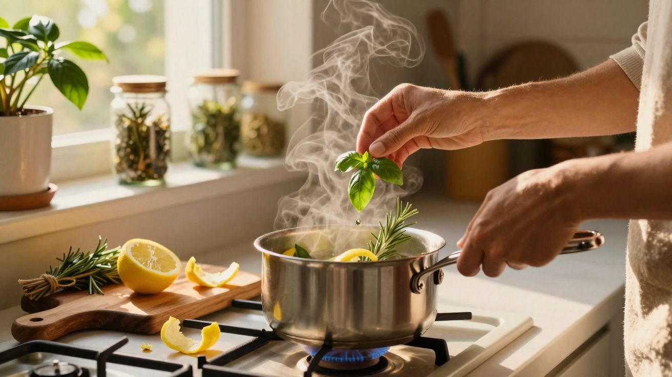 Mãos a temperar com ervas uma panela com vapor numa cozinha acolhedora com limões e plantas.