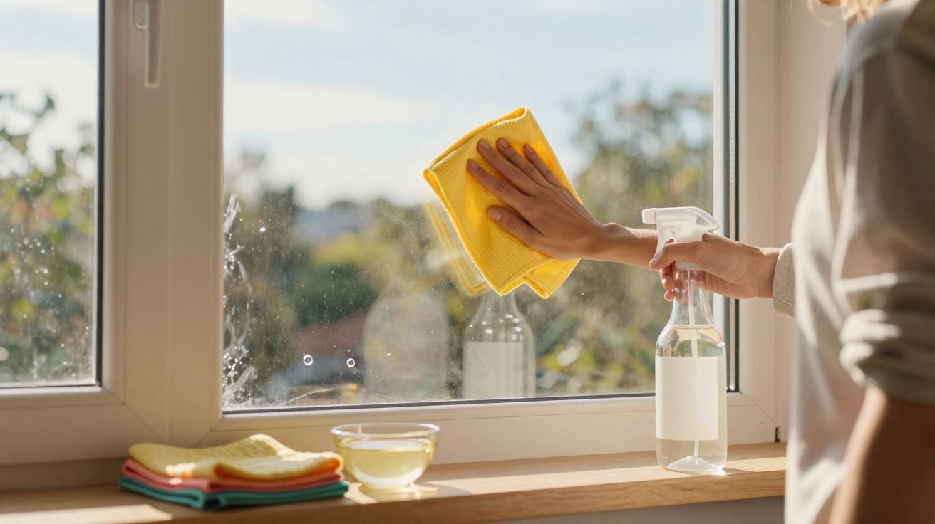 Pessoa a limpar uma janela com um pano amarelo e um frasco de spray transparente, luz natural exterior.