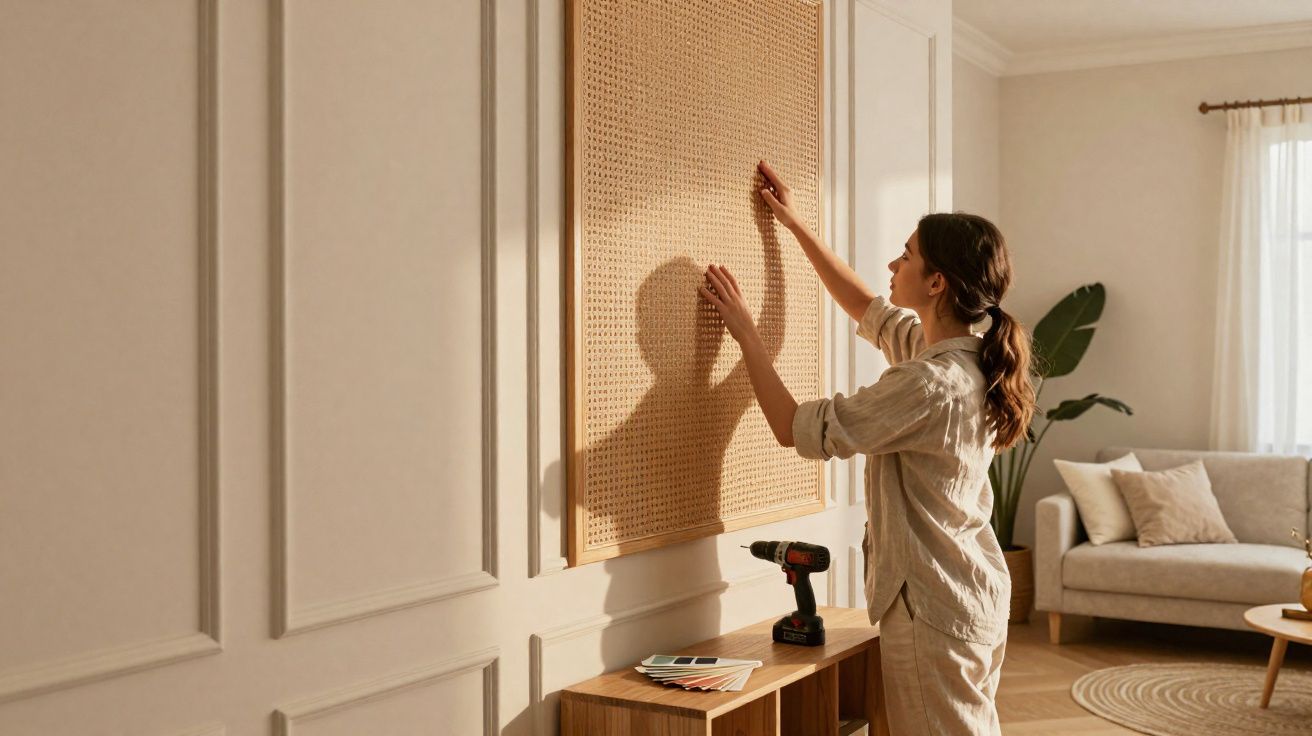Mulher a pendurar painel decorativo em parede numa sala de estar iluminada e moderna.