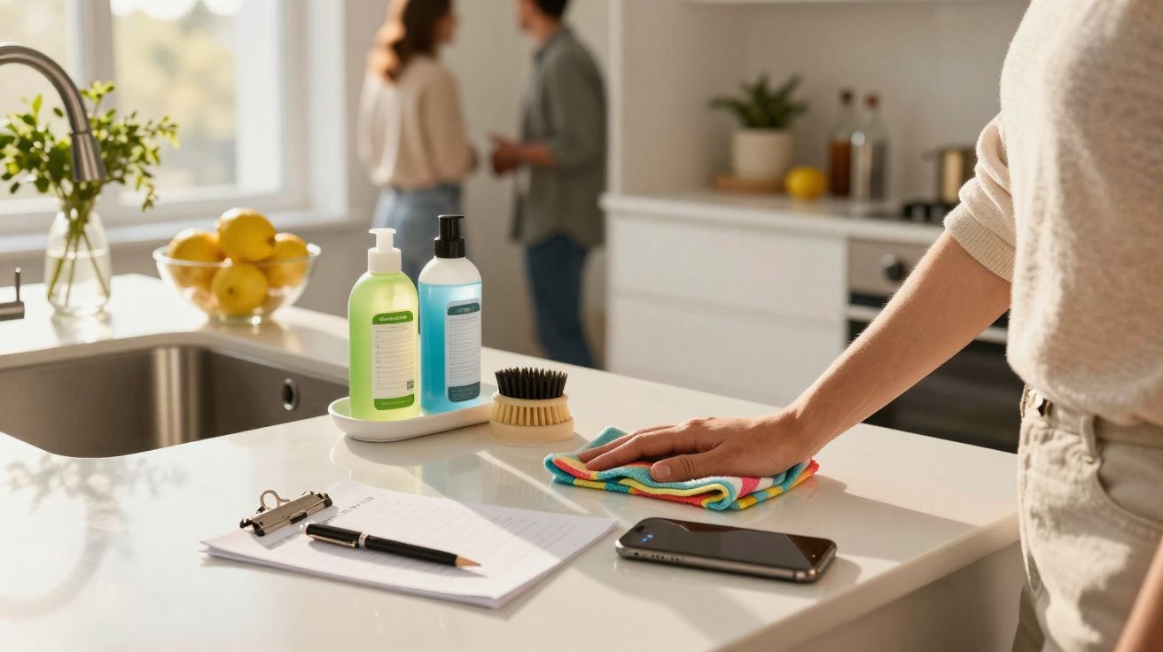 Pessoa a limpar balcão de cozinha com pano colorido, champô e perfume visíveis, casal ao fundo desfocado.