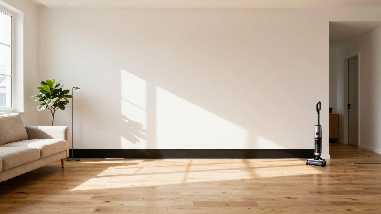 Sala de estar minimalista com sofá bege, planta, candeeiro e aspirador num chão de madeira iluminado pelo sol.