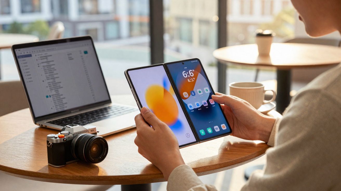 Pessoa a usar telemóvel dobrável num café, com portátil e câmara fotográfica numa mesa de madeira.