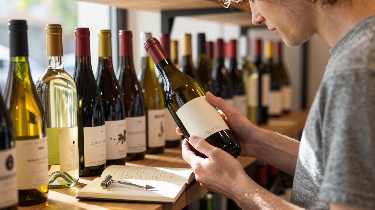 Homem a observar rótulo de garrafa de vinho numa prateleira com várias garrafas e caderno aberto.