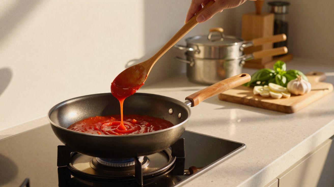 Panela no fogão com molho de tomate sendo mexido com colher de pau numa cozinha moderna.