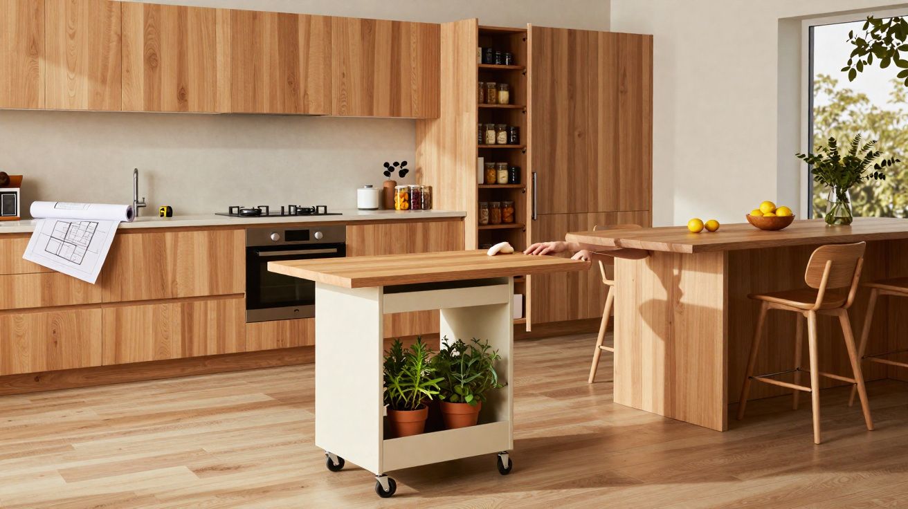 Cozinha moderna em tons de madeira com ilha móvel, plantas e bancada com cadeiras altas junto à janela.