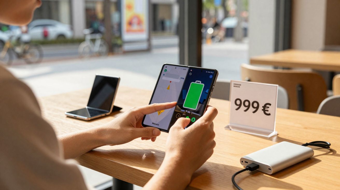 Pessoa a usar smartphone dobrável com ecrã dividido, carregando bateria em mesa de café com preço visível.