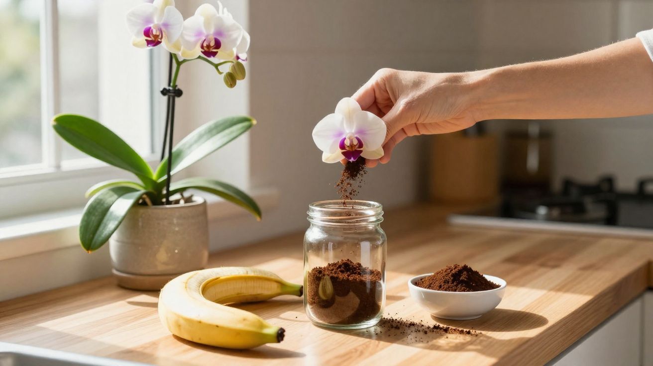 Pessoa despeja café moído de uma flor branca sobre frasco na cozinha com banana e orquídea.