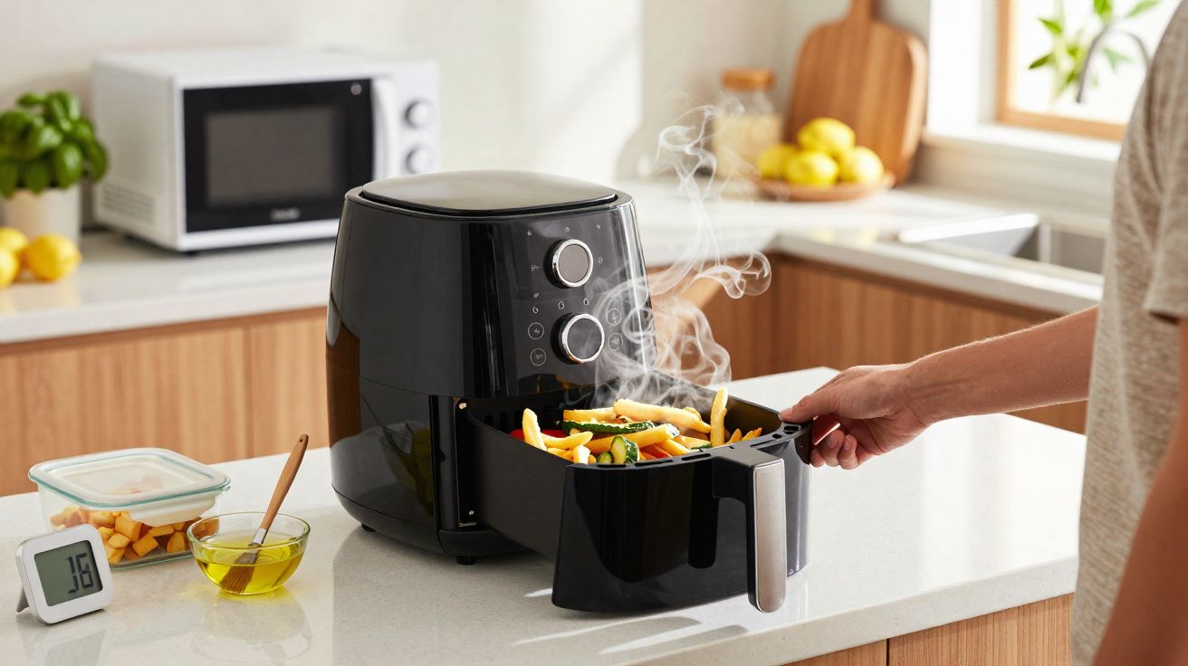 Pessoa a retirar batatas fritas fumegantes de uma fritadeira sem óleo numa cozinha moderna.