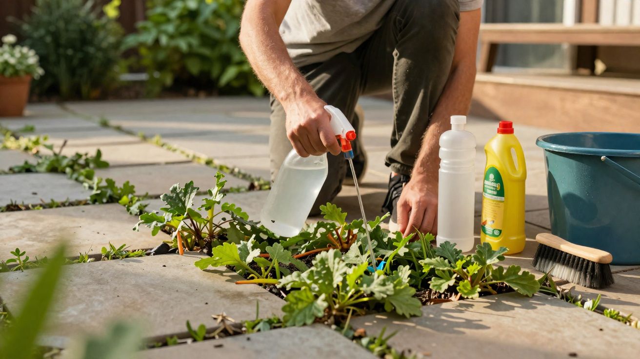 Pessoa a aplicar herbicida em plantas entre pedras de calçada, com produtos e escova ao lado.