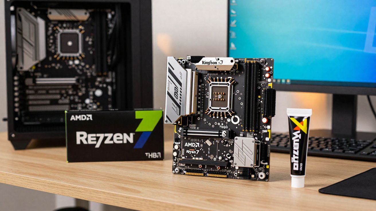 Placa-mãe para processador AMD Ryzen 7, caixa de CPU e pasta térmica sobre secretária de madeira.