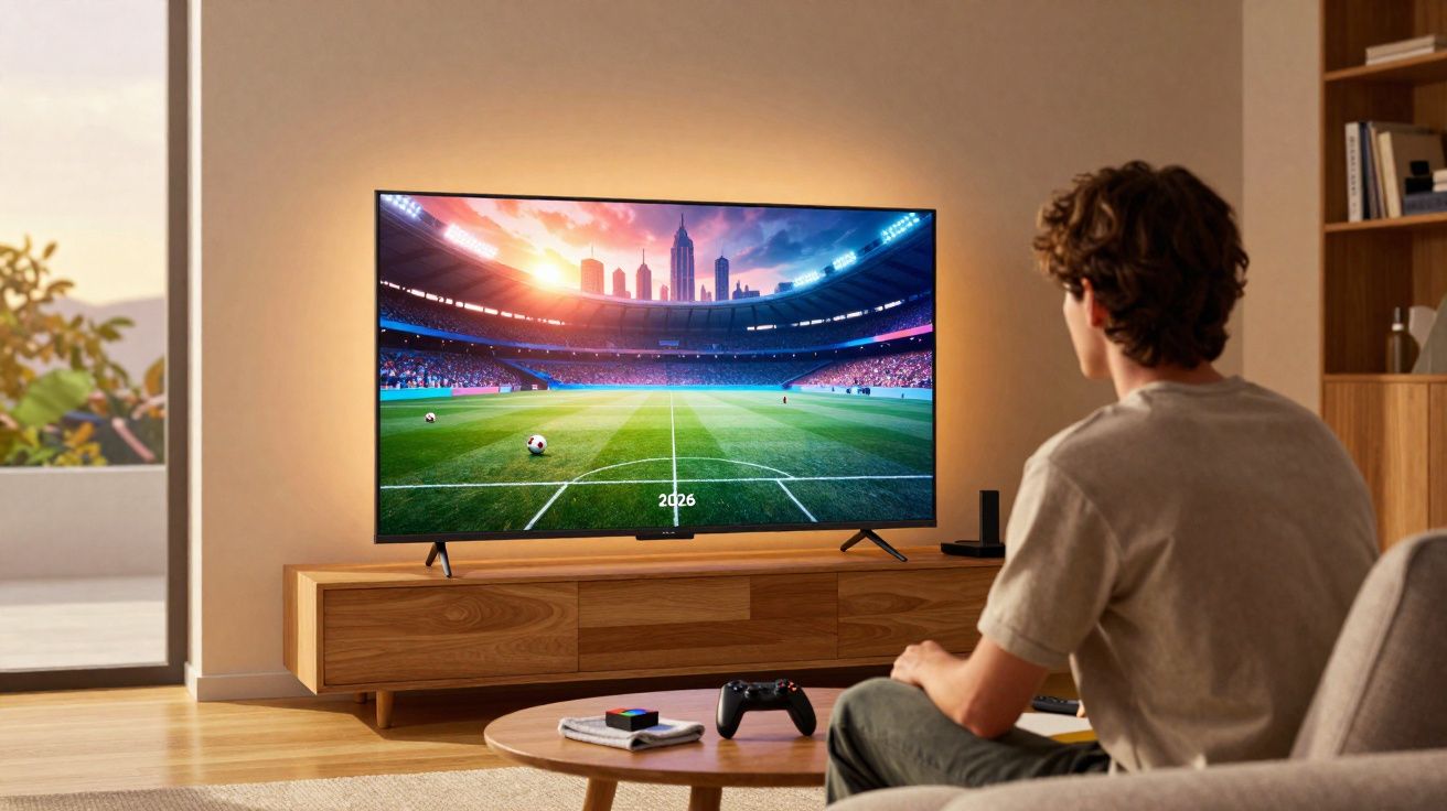 Jovem sentado no sofá a ver jogo de futebol num televisor numa sala de estar moderna e iluminada.