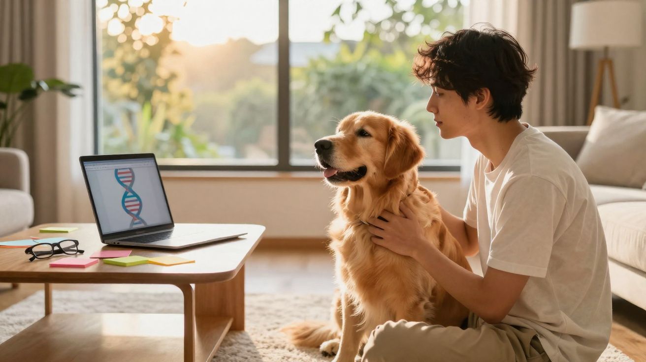 Jovem sentado no chão junto a um cão golden retriever, ambos em frente a um portátil numa sala iluminada.