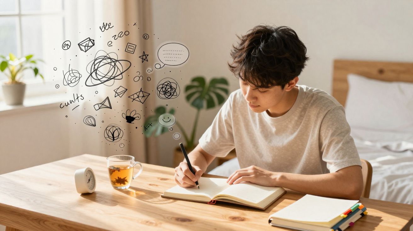 Jovem sentado a escrever num caderno, com desenhos e símbolos a surgir ao seu lado numa mesa de madeira.