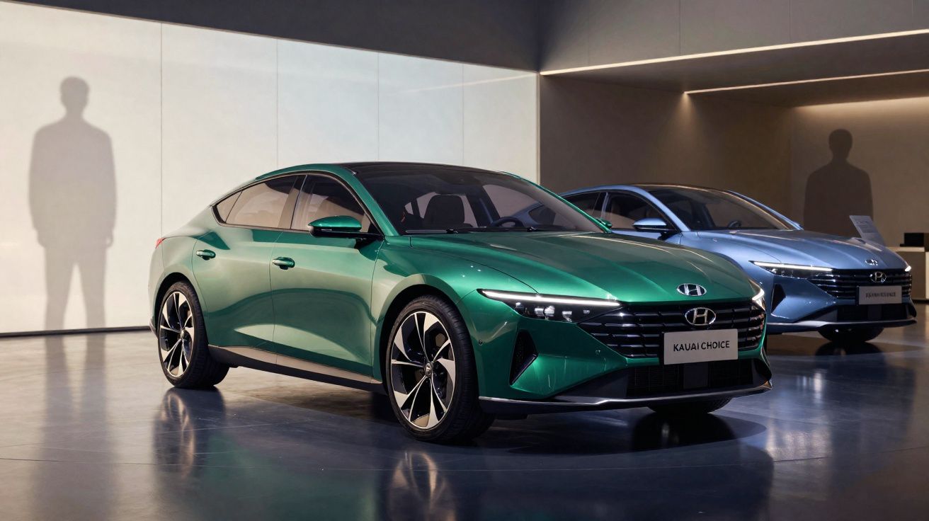 Dois carros Hyundai modernos em exposição, um verde em primeiro plano e outro cinza ao fundo, num ambiente minimalista.