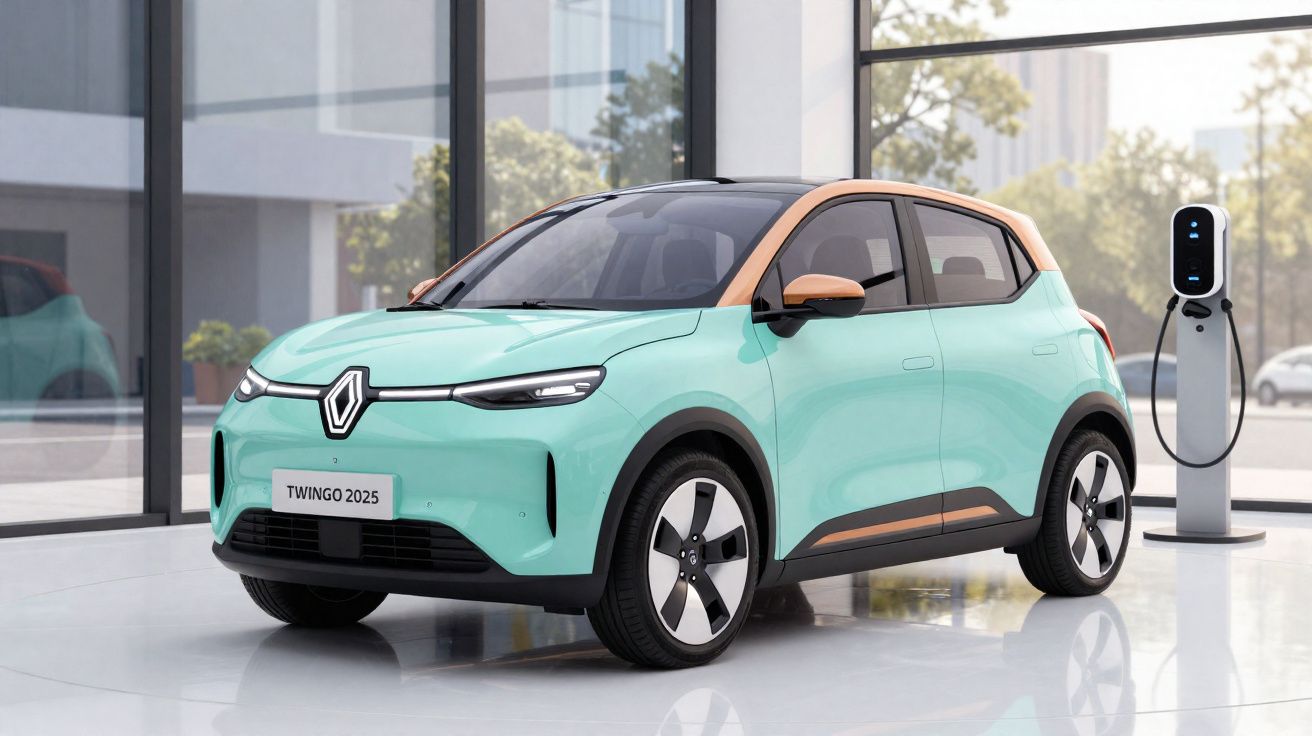 Carro elétrico Renault Twingo 2025 verde água com detalhes cor de laranja a carregar numa estação interior moderna.