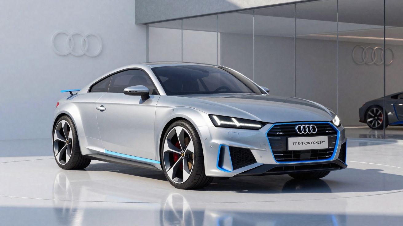 Carro desportivo prateado Audi TT e-tron concept estacionado em ambiente moderno e minimalista.