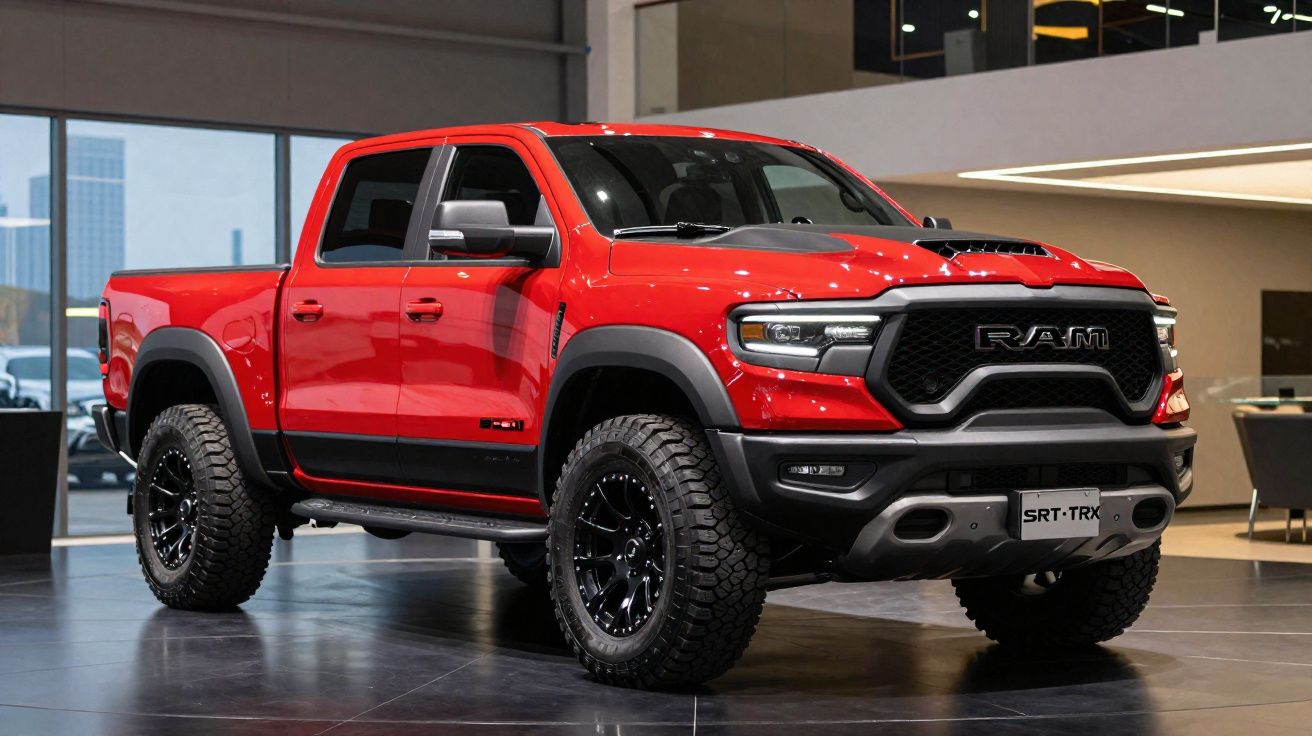 Pickup vermelha Ram SRT-TRX com pneus todo-o-terreno exposta em showroom moderno.