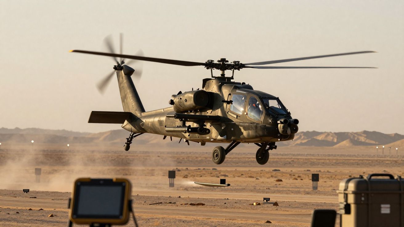 Helicóptero militar de ataque em voo baixo sobre terreno árido com equipamento no primeiro plano.