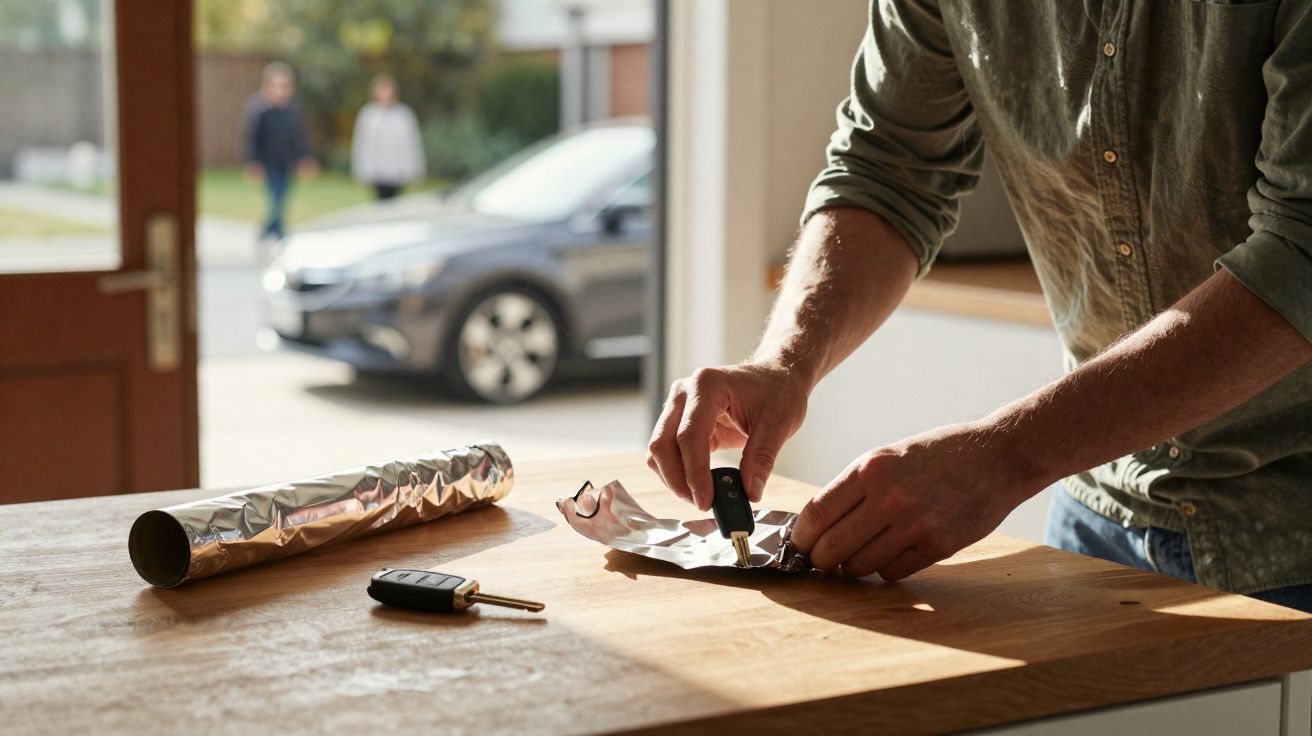 Pessoa a esconder uma chave de carro dentro de alumínio numa cozinha, com um carro e duas pessoas desfocadas ao fundo.