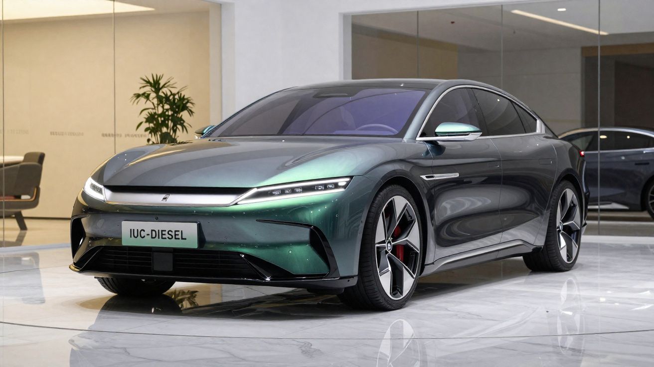 Carro desportivo elétrico moderno verde metálico estacionado em sala com piso branco brilhante.