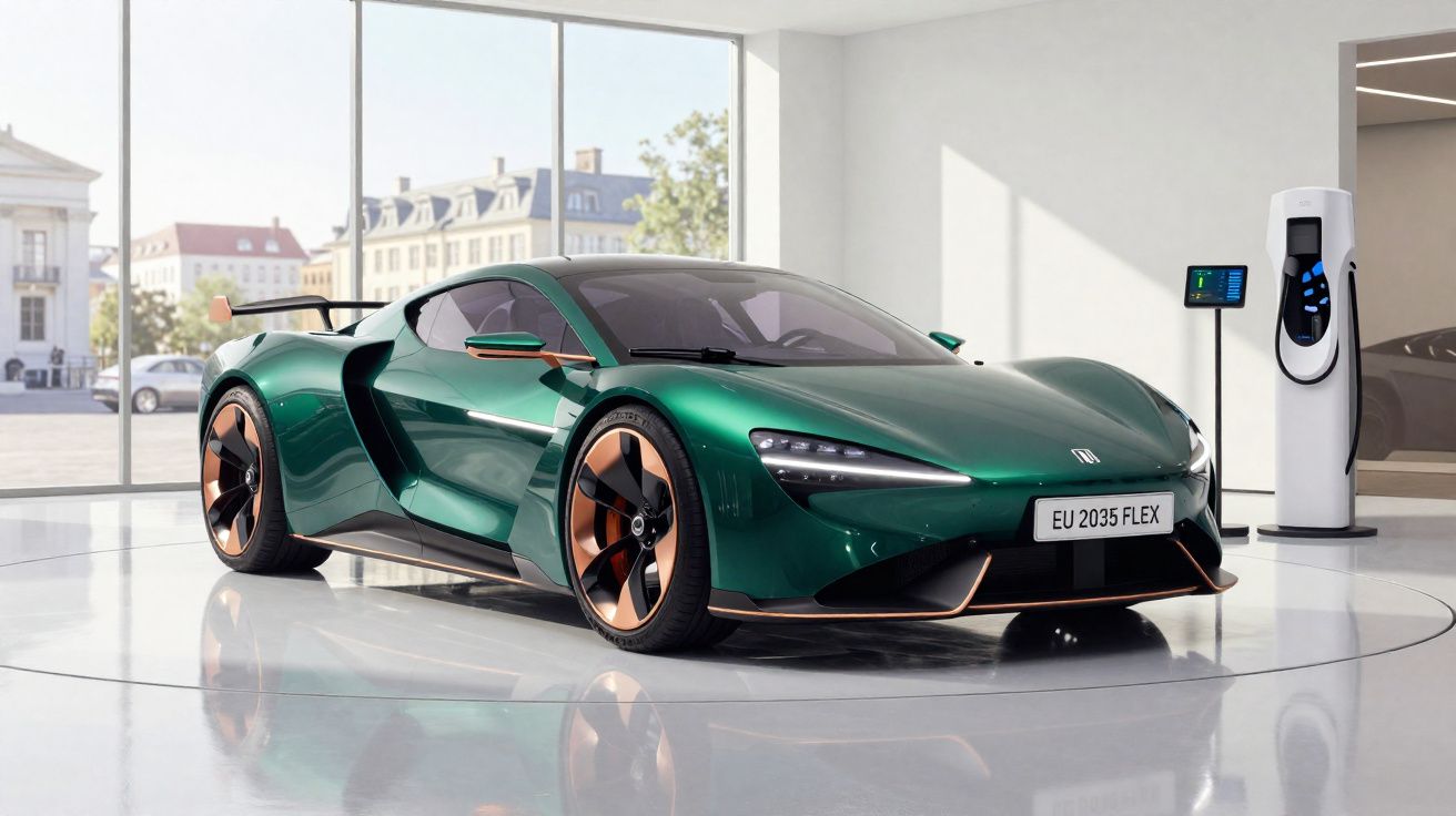 Carro desportivo elétrico verde com jantes douradas numa sala com parede de vidro e posto de carregamento.
