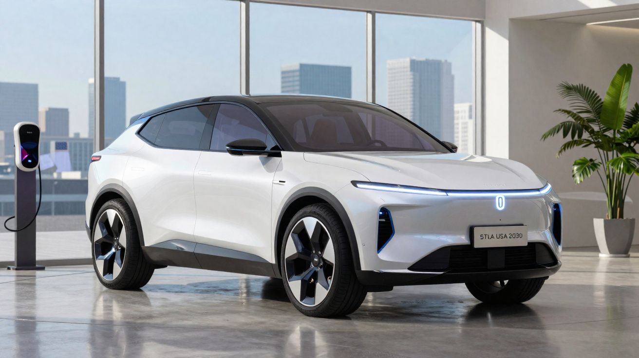 Carro elétrico branco moderno estacionado em interior com grande janela e carregador elétrico à esquerda.