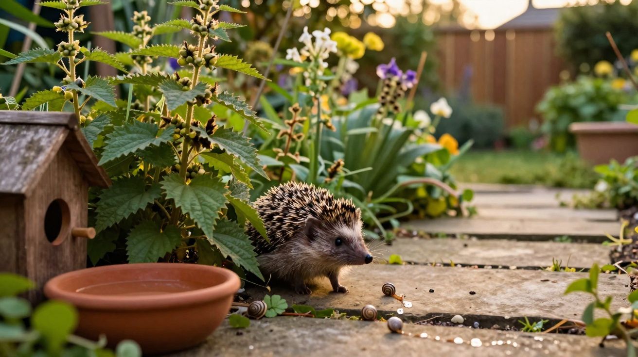 Ouriço caminhar no jardim junto a plantas, caracóis e um comedouro para animais.