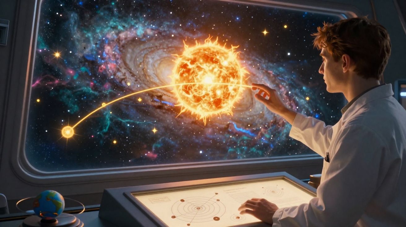 Jovem em laboratório a manipular holograma do sistema solar com estrelas e galáxias ao fundo.