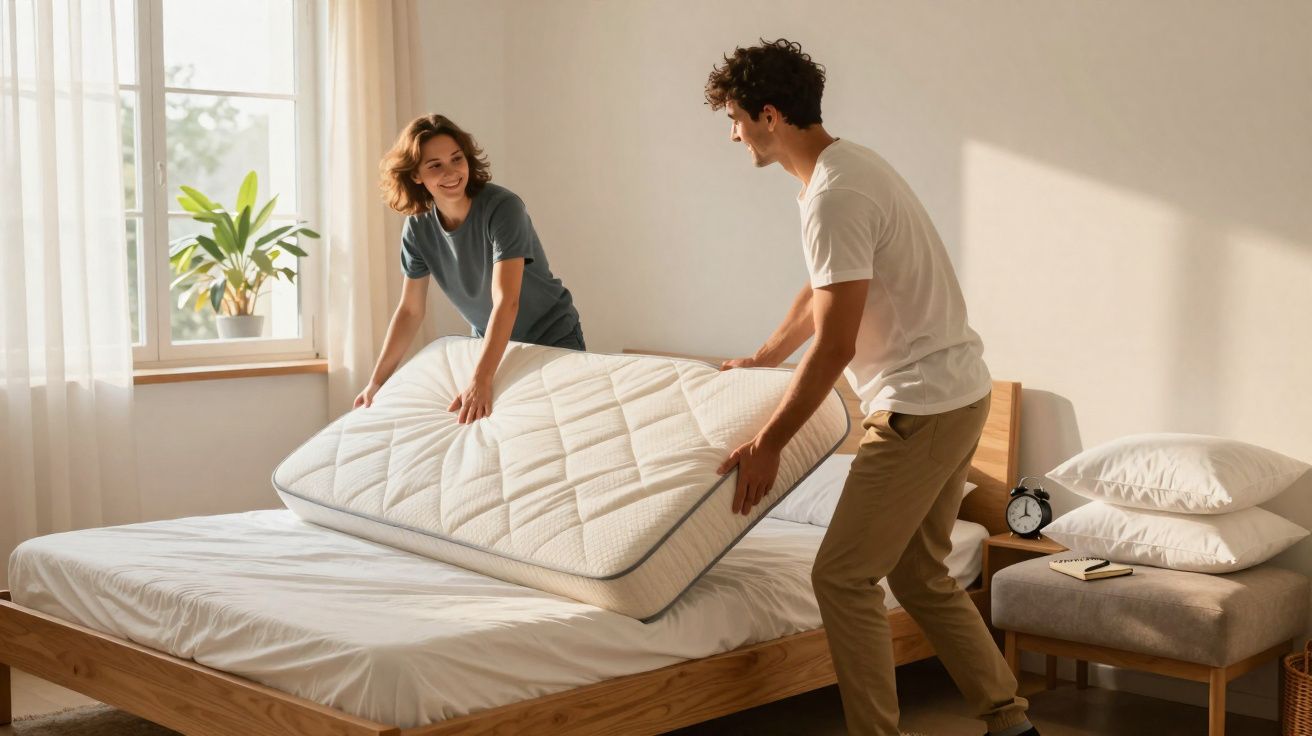 Casal jovem a colocar um colchão num quarto iluminado, com janela e decoração simples.