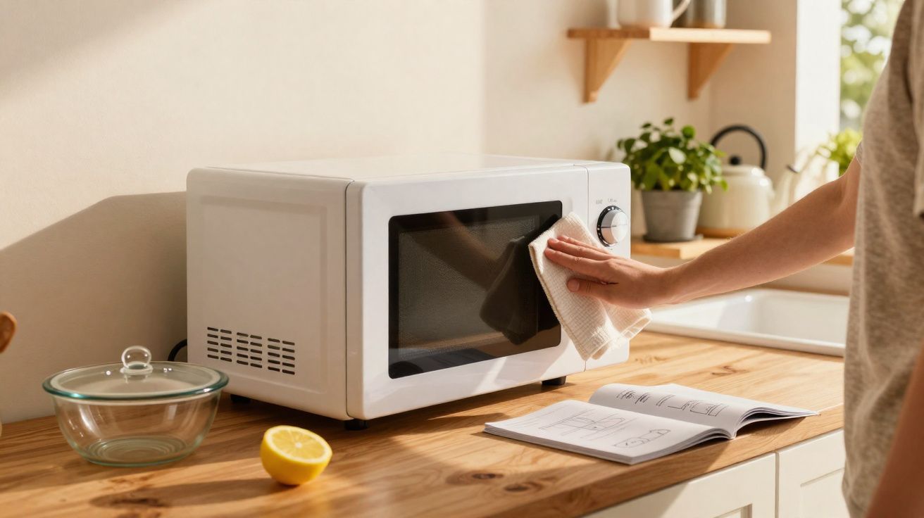 Pessoa a limpar o micro-ondas branco na cozinha com pano, bancada de madeira e livro aberto.